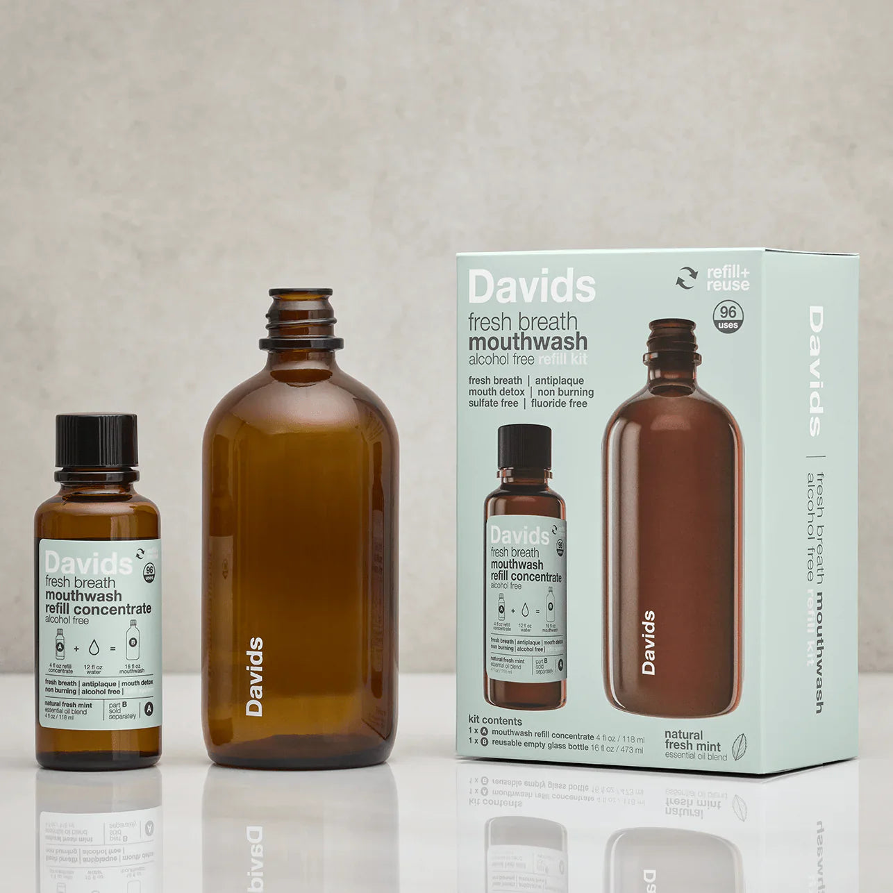 Davids Hydroxi™ fresh breath mouthwash kit w/nano-hydroxyapatite, mint, 4oz + bottle - 6pk