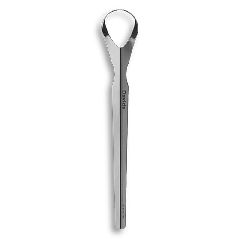 Metal dental floss pick with a looped end, branded with "Davids," isolated on a white background