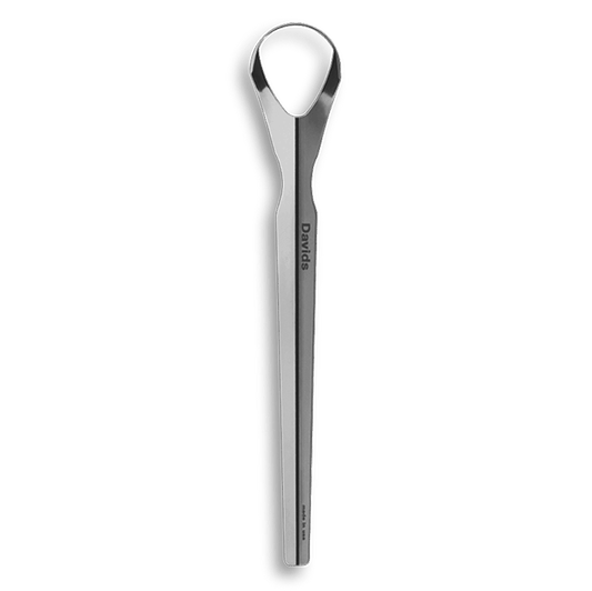 Metal dental floss pick with a looped end, branded with "Davids," isolated on a white background