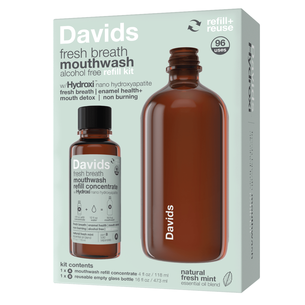 Davids Hydroxi™ fresh breath mouthwash refill concentrate w/nano-hydroxyapatite, mint, 4oz - 6pk