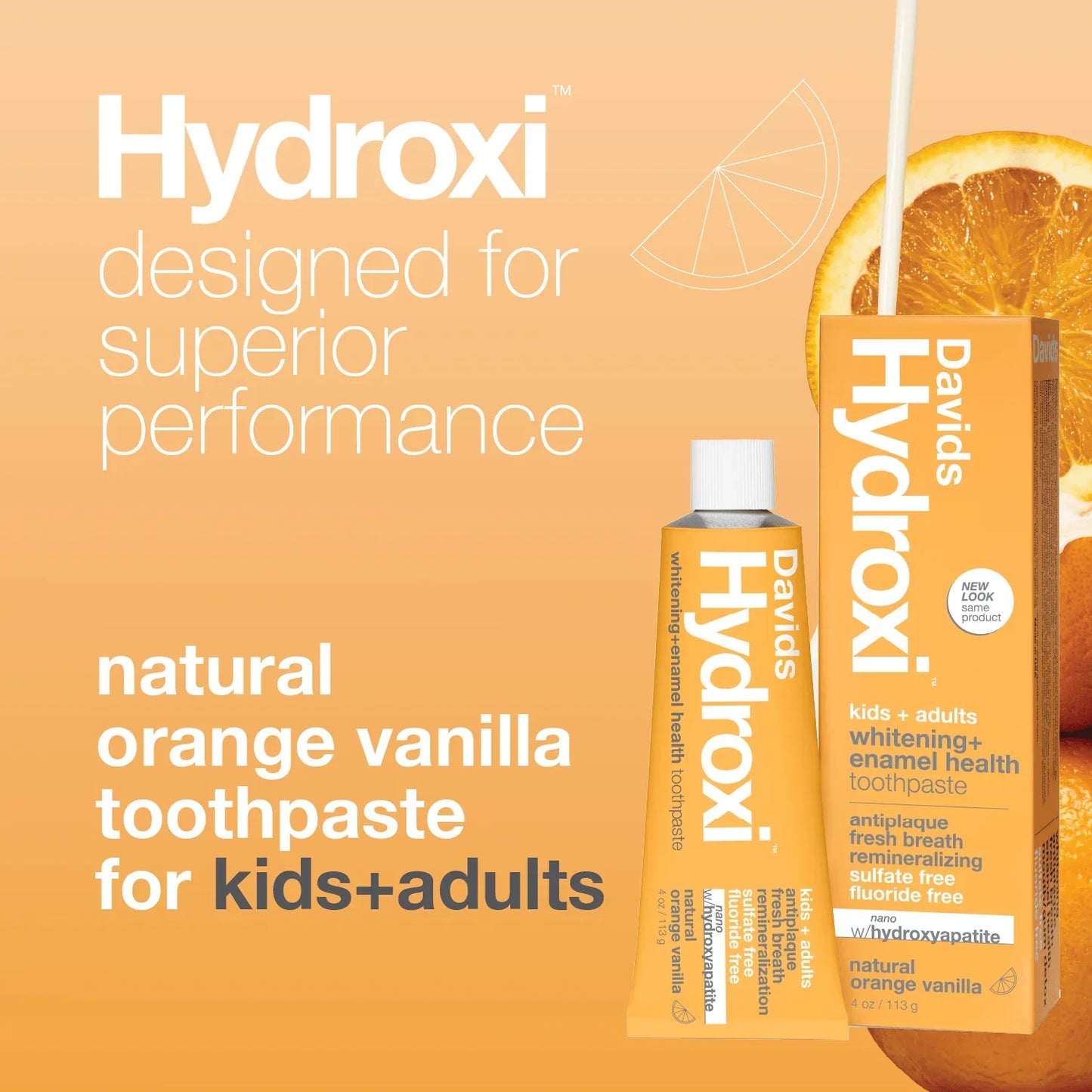 Davids Hydroxi™ whitening + enamel health toothpaste w/nano hydroxyapatite, kids+adults, orange vanilla, 4oz - 6pk