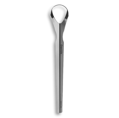 Metal dental floss pick with a looped end, branded with "Davids," isolated on a white background