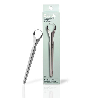 Davids professional tongue scraper shown beside its mint green packaging